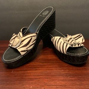 Barely worn, upper is zebra printed cowhide, rhinestone buckle. B width